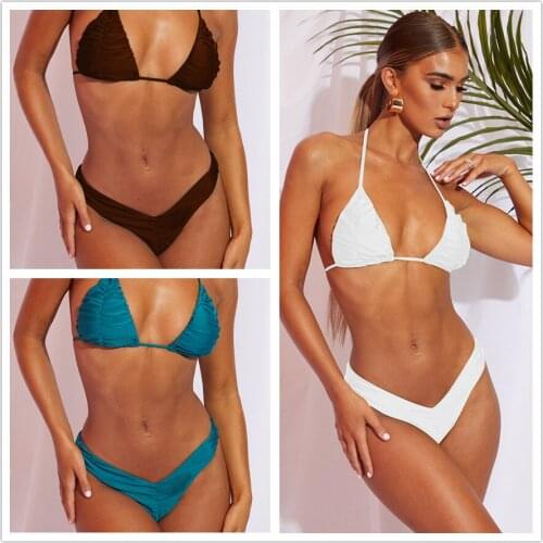 Sexy Triangle Push Up Brazilian Bikini Set Tied String Bikinis Women Ruched Swimsuit Swimwear Beach Wear Bathing Suits Biquini