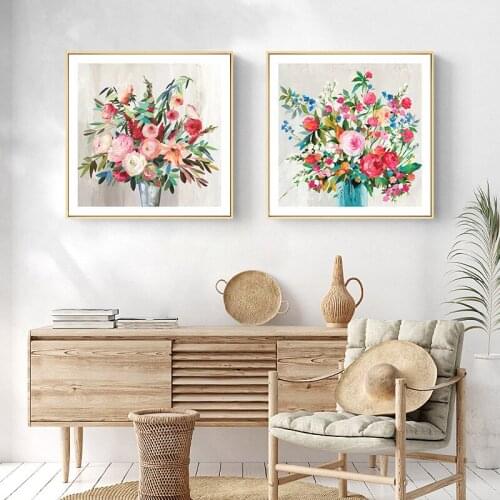 Nordic Poster Colorful Flower Plant Vase Canvas Painting Pink White Rose Wall Art Print Picture for Living Room Home Decoration