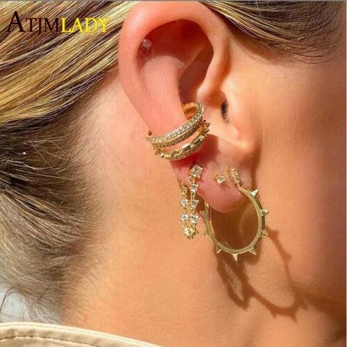 Micro Pave Clear Cz Spike Design Earring Clip Gold Silver Color Multi Layed Line Zirconia Paved No Piercing Ear Cuff 1 Piece