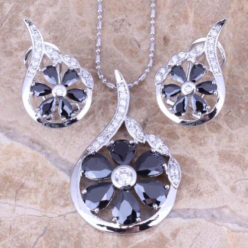 Fabulous Black Cubic Zirconia White CZ Silver Plated Earrings Pendant Necklace Jewelry Sets S0791