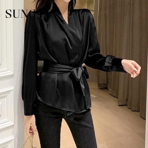 Sungtin Fashion Office Lady Sashes Shirts Women Korean Chic Solid Long Sleeve Female Tops Single Button OL Vestidos Clothes 2021