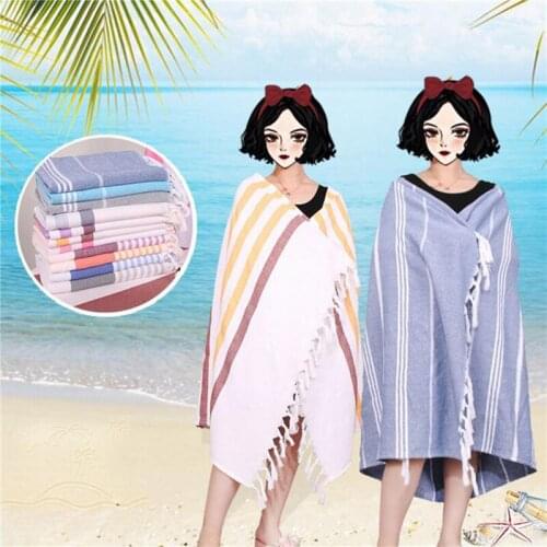 Striped Cotton Turkish Sports Bath Towel with Tassels Travel Gym Camping Sauna Beach Pool Blanket Absorbent Easy Care