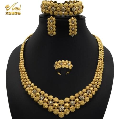 Jewelry necklace set korean nigerian pakistani saudi gold plated luxury trendy golden bride party ladies earrings