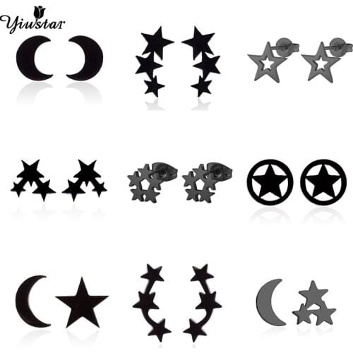 Yiustar Black Stainless Steel Jewelry Moon Star Stud Earrings Small Round Geometric Earings for Women Girls Cute Christmas gifts