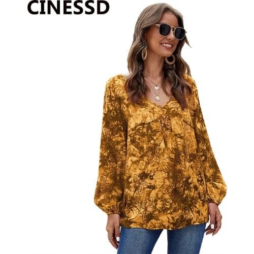 CINESSD Women V Neck Floral Tie-Dye Tops Blouses Blue Long Sleeves Print Loose Casual 2020 Spring Summer Tunic Pullover Blouse