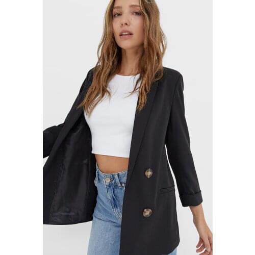 Womens Black Double Breasted Cutout Blazer Jacket Product Specification Material: Polyester Pattern: Solid Color Mould: regular Sleeve Type: Long