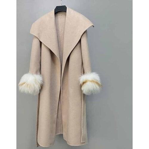 New 2021 Ladies Belted Genuine Fur Wool Cashmere Blend Coat Womens Winter Jacket With Big Collar