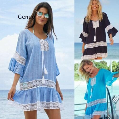 Women Feminino Summer Boho Vintage Transparent Beach Dress Swimwear Bikini Cover-Up Loose Lace Tunic Sundress