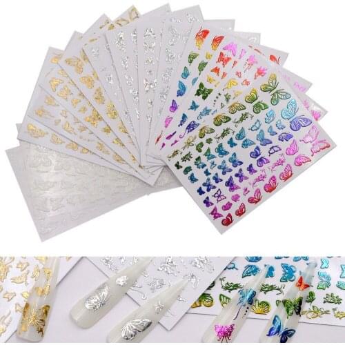 16 Sheets Holographic Butterfly Nail Stickers Decals Holo Gold Silver Multi-color Different Shapes Nail Adhesive Stickers