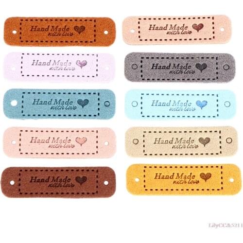 20Pcs Colorful Two Holes Leather Tags Handmade With Love Labels Clothing Tags DIY Crafts Sewing 56*15MM