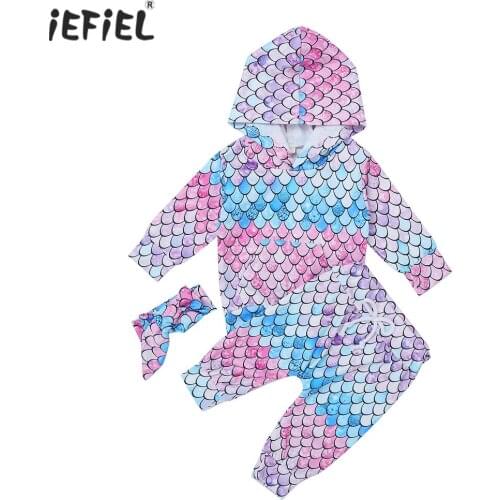 3Pcs Infant Baby Girls Clothes Set Mermaid Cosplay Outfit Fish Scales Long Sleeve Hoodie Short Sweatshirts Elastic Pant Headband
