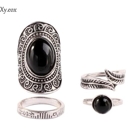4pcs/set Fashion Womens Retro Ancient Silver Palm Hollow Carved black Gem Ring Combination Set Ring Jewelry