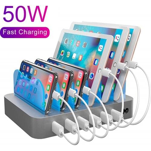 6 Ports 50W QC3.0 Quick Charging Station Multifountion 2.4A Smart USB Charger Tablets Mobile Phone Charging Stand Charger Hub