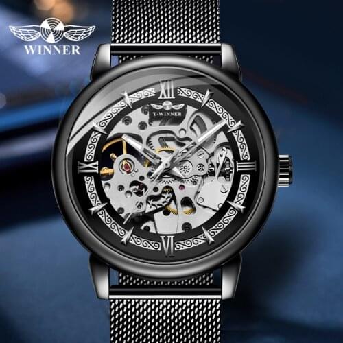 WINNER Simple Design Automatic Mechanical Clock Classic Black Male Wristwatch Stainless Steel hollow Design Relogio Masculino