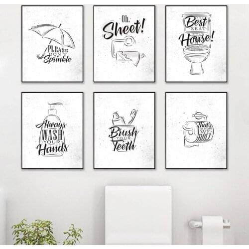 Black And White Toilet Print Bathroom Wall Decoration Canvas Painting Art Poster Brushing Teeth Washing Toilet Quote Picture