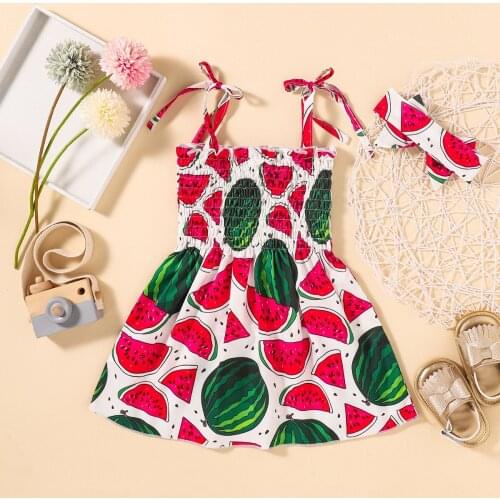 Children Girl Dress Summer Sleeveless Dresses Girls' Sling Dress With Watermelon Print Skirt + Bowknot Kids Fashion Headscarf