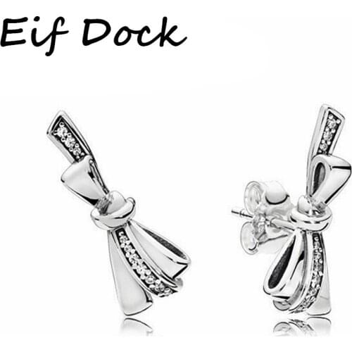 Eif Dock Delicate Silver Color Bow Tie Cubic Zirconia Earrings Crystal Geometric Bowknot Shape Stud Earrings For Women Party Gif