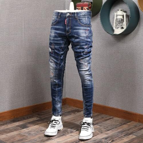 European American Street Fashion Men Jeans Retro Blue Elastic Slim Ripped Jeans Men Spliced Designer Hip Hop Denim Punk Pants