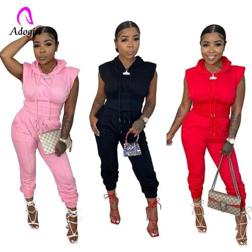 Fitness Women Pants Suit Solid Sleeveless Hooded Crop Top + Casual Jogging Pants 2021 Summer Drawstring Jogger Set Tracksuit