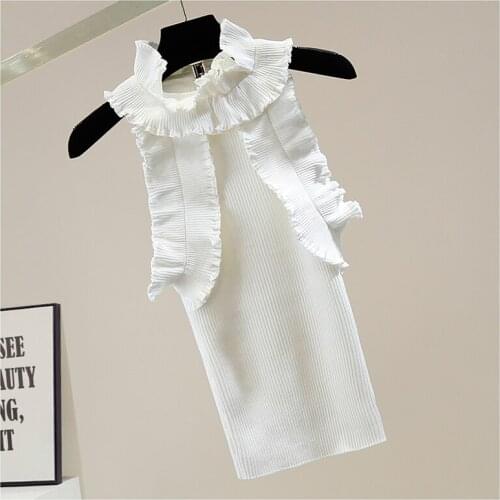 Sleeveless T Shirt Women Sweet Pleated Ruffles Patch Halter Collar Slim Fit Knitted Top Ladies Chic All-Match Tshirt White Black