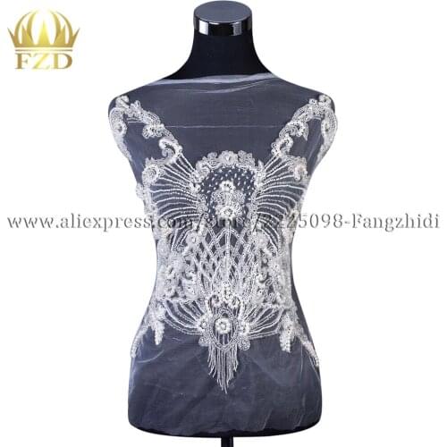 FZD 1 Piece Elegant Handmade Rhinestones Beaded Patches Clear Crystal Stone beads for Wedding Dresses DIY Fabric Decoration