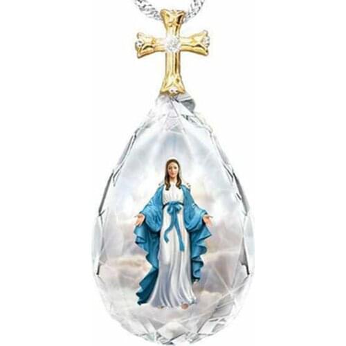 Exquisite Drop-Shaped Crystal Pendant Virgin Mary Pattern Golden Cross Necklace