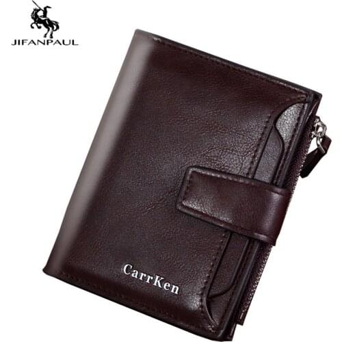 JIFANPAUL 2020 new mens short wallet large capacity button zipper wallet oil wax leather soft leather coin purse