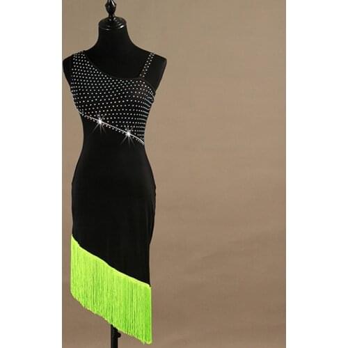 Latin Dance Dresses For Women Rhinestone Neon Green Fringe Salsa Dress Professional Competitive Latin Dress Stage Costume VDB124