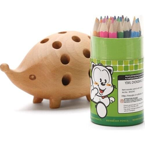 Creative Wooden Beech Pen Holder Hedgehog Shape with 24 Art Colored Pen