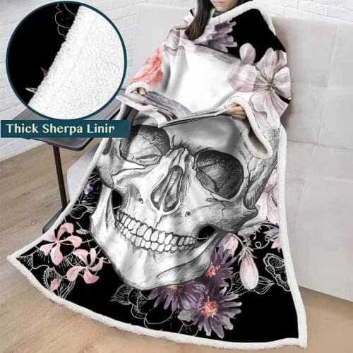 Lannidaa 3D Printed Black Sugar Skull Floral Throw Blanket Wearable With Sleeves Plush Thick Warm Sofa Lazy Read Game TV Blanket