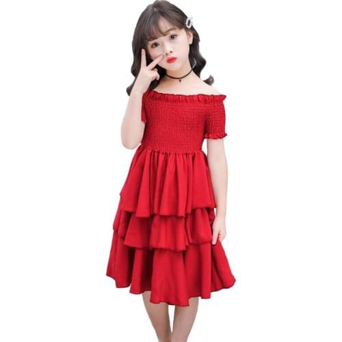 Girls summer dress red cake tiered chiffon kids party dresses for girls birthday short sleeve 4 6 8 10 12 Y children clothes