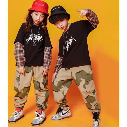 Fashion Black Sweatshirt Camouflage Overall Pant Jeans Children Hip Hop Clothes Kids Girls Boys Dance Costumes Jazz Streetwear