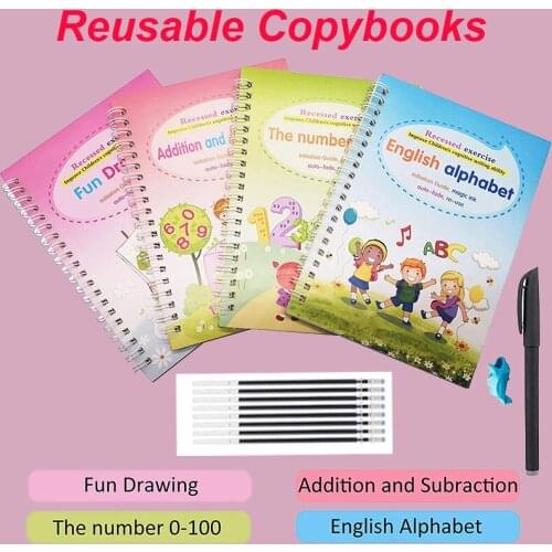 4 books Set of Reusable Copybooks Magic Ink Childrens Calligraphy English Exercise Book Lettering Groove Painting Picture Book