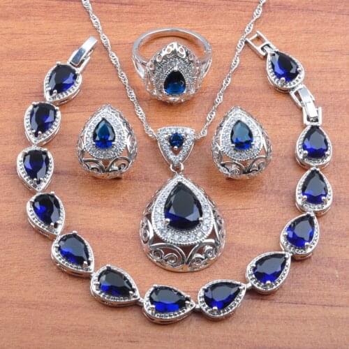 Natural Australian Crystal Blue Stone Silver Color Dubai Gold Jewelry Set For Women Wedding Jewelry Best Gift JS0211