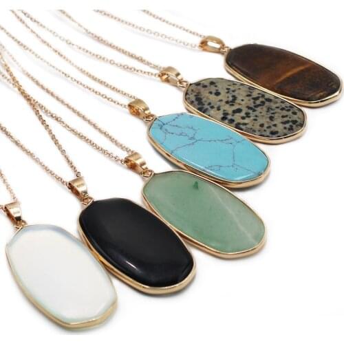Natural Stone Oval Necklace for Women Opal Obsidian Tiger Eye Chakra Reiki Jewelry