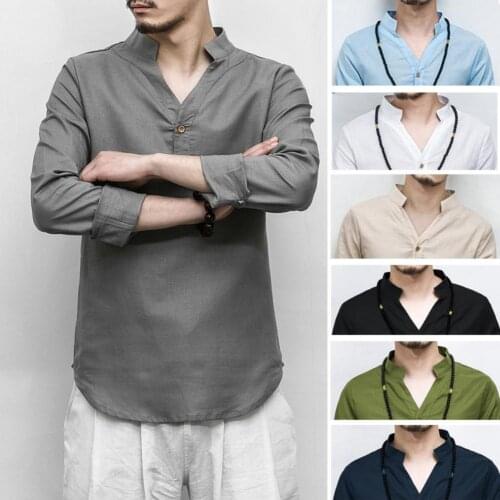 New M-5XL Vintage Men Solid Color Long Sleeve V Neck Linen Cotton Button Pullover Shirt fashion men shirt