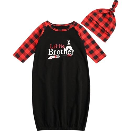 New 0-6M Baby Boy Sleep 2Pcs Set Little Brother Letter Print Tent Arrow Red Plaid Long Sleeve Sleeping Bag+Hat 2021