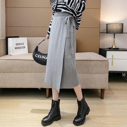 Autumn Winter Ladies Mid-Length Elegant Casual Fashion High-Waist Hip-Wrapped A-Line Lace-Up Knitted Skirt Mujer Faldas A208