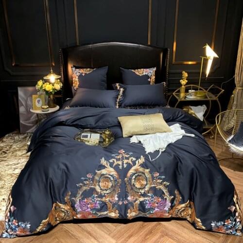 Luxury Egyptian Cotton Navy Blue Bedding Set Premium Embroidery US Queen King Size 4/6PCS Duvet Shams Cover Sheet Bed Pillow