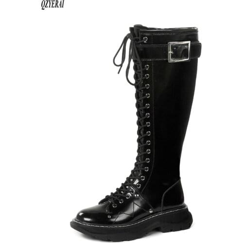 QZYERAI The knee boots New style Genuine leather Female boots Womens boots scooter black cowhide Womens shoes