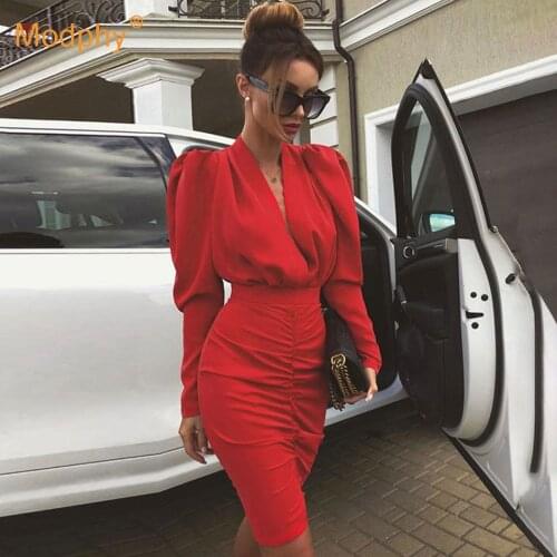 Wrinkled Red WomenS Dress Sexy V-Neck Bubble Long Sleeve Bodycon Club Party Dress 2020 Fall Fashion New Female Clothing