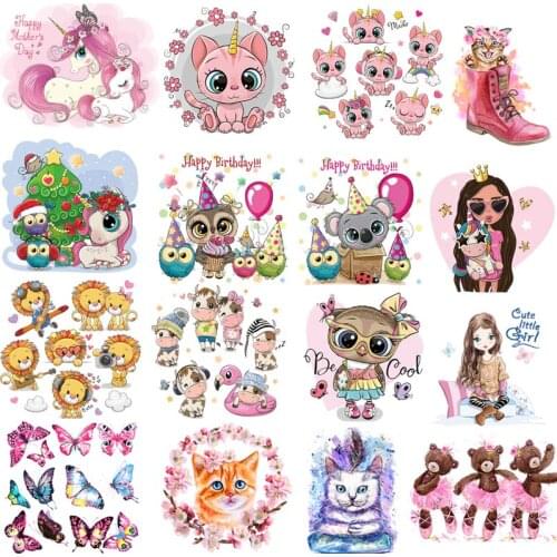 Unicorn/Cat Thermal Stickers Transfer For Clothing Iron On Heat Transfers For Clothes Appliques For Diy Washable Baby T-shirt