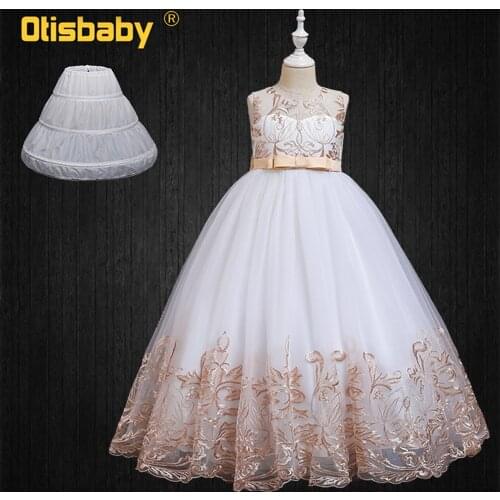 Flower Girls Champagne Formal Dress for Wedding Party Kids Embroidered Pageant Frocks Children Bridesmaid Floor Length Ball Gown