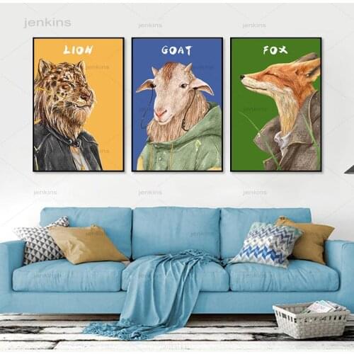 Funny Animals Canvas Painting Lion Fox Goat with Clothing Nordic Vintage Style Wall Art Posters for Living Room Home Decor