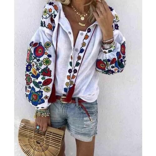Ladies Plus Size Fashion Boho Blouse Women White Floral Ethnic Long Puff Sleeve Vintage Shirt V-Neck Casual Loose Cotton Tops