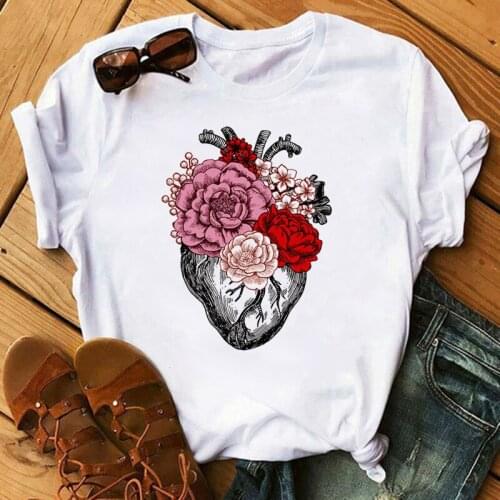 Summer Fashion Women T Shirt Heart Print Short Sleeve Graphic Tops Casual O-Neck Female Oversized T-Shirt