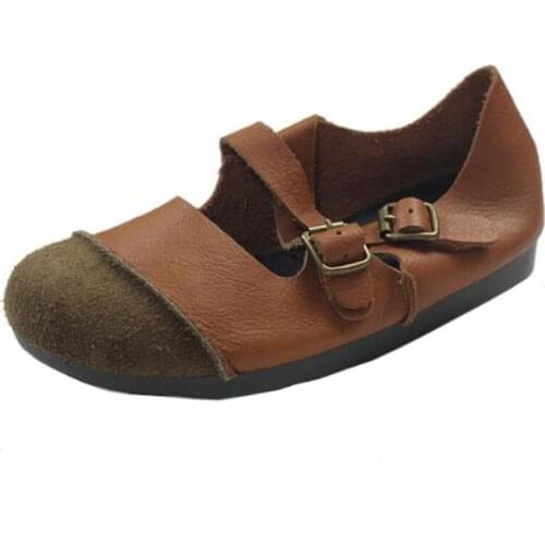 2020 Shoes Women 100% Genuine Leather Women Flat Shoes Casual Loafers Buckle Strap Round Toe Casual Classics shoes for women