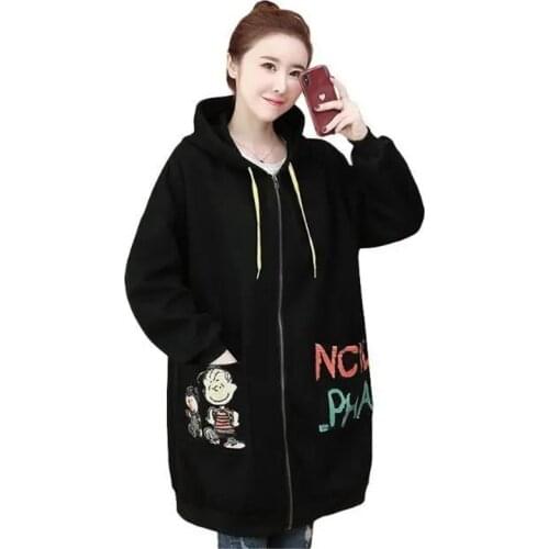 Women Autumn Winter Windbreaker Printed Outerwear XL-5XL Mid-Long Hooded Jackets Overcoat Black Loose Coat Casual Female Coats