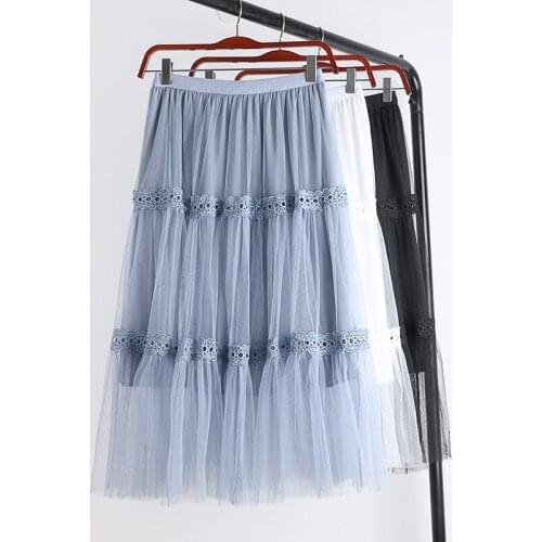 New Spring Summer Sweet Patchwork Mesh Skirts Women Elegant Slim Hollow Out High Waist Skirt All-Match Pleated Party Skirt Mw850