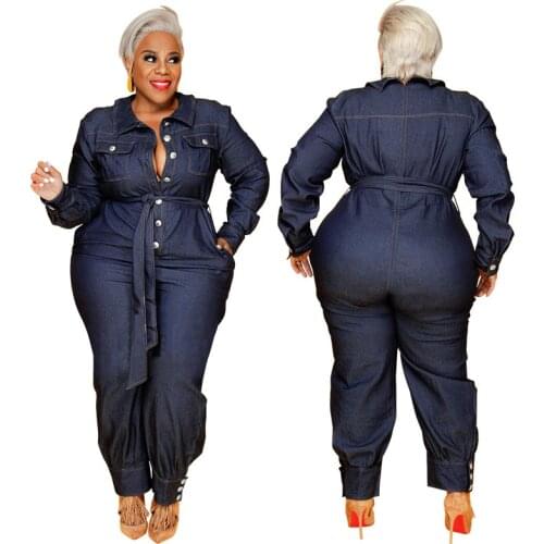 Winter Office Work Ladies Jumpsuit 2021 Women Overalls Casual Long Sleeve Denim Jeans Playsuits Pantalon Femme Plus Size 4XL 5XL